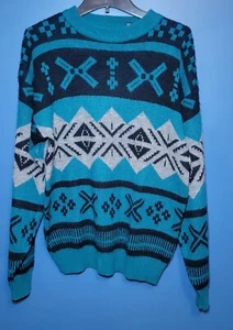 VTG Anchor Blue Pullover Acrylic Knit Blue Black Print Sweater Mens - Size Large - Picture 1 of 6