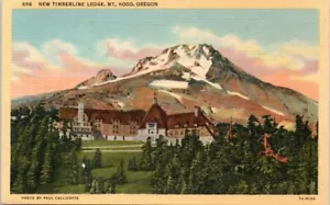 Postal de lino dorado de la década de 1940 nueva capucha de montaje Timberline Lodge área de esquí de Oregón - Imagen 1 de 2