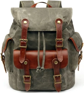Men Waxed Canvas Leather Backpack Travel Rucksack Camping Hiking School Book Bag - Picture 1 of 18