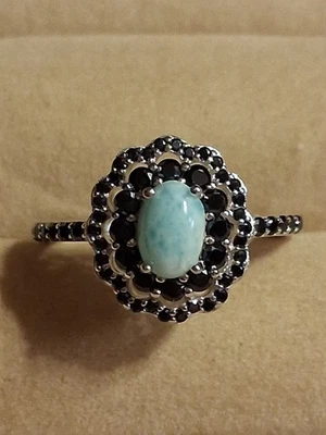 Larimar 7x5mm y Espinela Negra, Placa Oro Blanco 14K Plata de Ley 925, tamaño 8.5 Foto 1 de 4