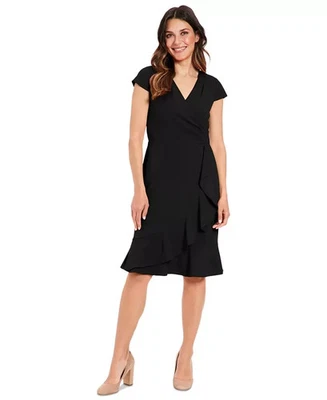 London Times Womens Faux-Wrap Dress Black Solid Ruffle-Trim Short Sleeve 14 NWT - Image 1 of 4