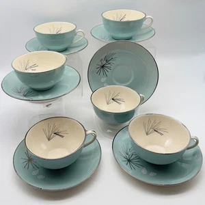 6er Set • Tasse Untertassen Franciscan Gladding McBean Silber Kiefer MCM Atomic - Bild 1 von 10