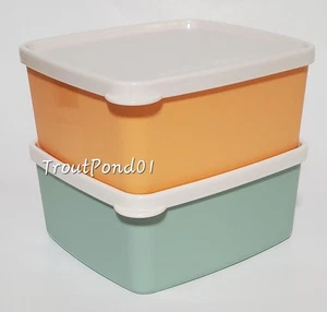 Tupperware Quadratisch Rund 16 Unzen Gefrierbehälter Grün Orange Set 2 Einfrieren - Bild 1 von 4