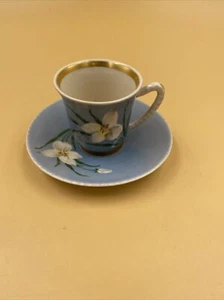 Asian Marked Blue, White And Gold Floral Small 2” Espresso Cup and Saucer Set - Picture 1 of 6