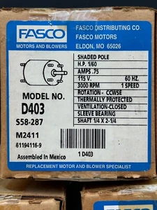 Poste sombreado Fasco modelo D403 HP1/60 amperios .75 115V 60HZ 1 velocidad 3000 RPM - Imagen 1 de 8