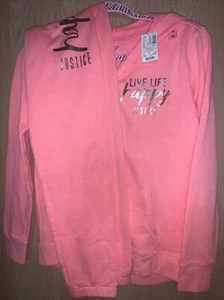 GIRLS Live Happy JUSTICE JACKET MATCHING SWEATPANTS Pink Orange Coral SZ 12/14 - Picture 1 of 5