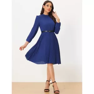 Allegra K Pleated A-Line Midi Dress Long Sleeve Mock Neck Blue L NWT - Picture 1 of 9