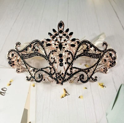 Masquerade Mask Luxury Black Crystal, Rhinestone Gold Mask, Black Diamond Mask - Image 1 of 3