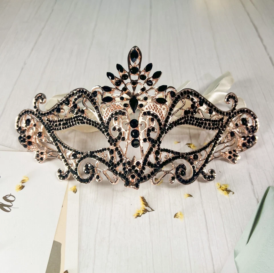 Masquerade Mask Luxury Black Crystal, Rhinestone Gold Mask, Black Diamond Mask - Image 1 of 3