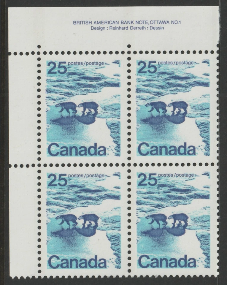 Canadá #597ii, paisaje, osos polares, bloque UL de 4, placa #1, OP2, MNH 1972 Foto 1 de 1