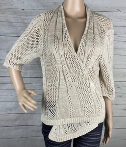 Nomadic Traders Cardigan Sweater Large Pale Brown Oatmeal Open Knit Short Sleeve - Picture 1 of 12