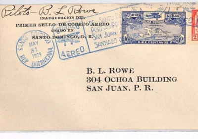 PILOTO AÉREO DOMINICAN REP*Basil Rowe* Cubierta FIRMADA 1928 PRIMER VUELO SAN JUAN YV80 Foto 1 de 4