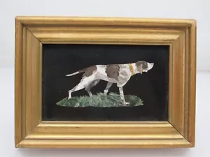 Vintage Pietra Dura Plaque Marble Hound Pointer Dog Framed Inlay Mosaic SIGNED - Picture 1 of 8