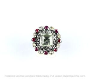 925 Sterling Silver Green Amethyst Real Ruby Uncut Polki Diamond Victorian Ring
