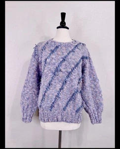 Suéter de Lana Nueva Zelanda Tejido a Mano Vintage XL Borde de Cuero Rosa Pastel Azul - Imagen 1 de 6