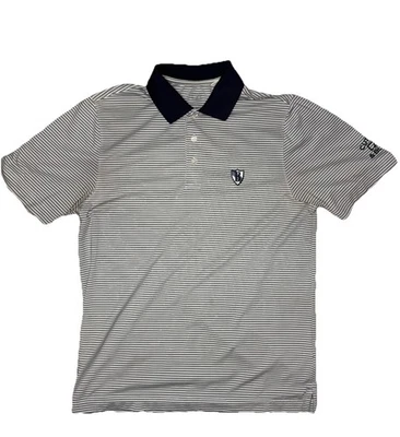 Рубашка поло для гольфа мужская Cutter & Buck средний размер темно-синяя белая в тонкую полоску с вышитым логотипом - Изображение 1 из 4