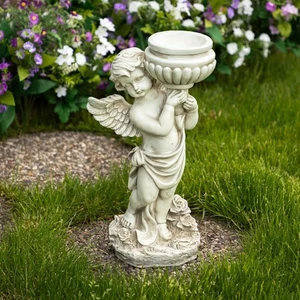 Querubín orientado a la izquierda Northlight 17" sosteniendo un baño de pájaros jardín al aire libre estatua - Imagen 1 de 5