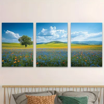 3pcs Blue Sky and Green Fields Nature Wall Art Canvas  Unframed/Framed - Image 1 of 4