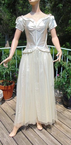 OFF WHITE Abito da sposa danza vintage anni 30 primi anni 40 bianco sporco raso e tulle 24W