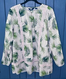 Lands End Palm Leaves Pink White Striped Tunic Shirt Large Tropical Coastal - Picture 1 of 6