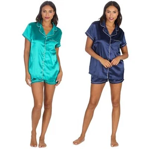 Conjunto de pijama de satén con botones delanteros y pantalones cortos para mujer y mujer talla 10-24 - Imagen 1 de 28