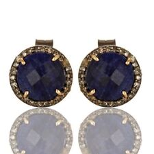 Blue Sapphire Pave Diamond 14K Yellow Solid Gold Sterling Silver Stud Earrings