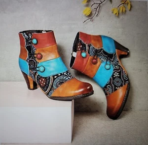 Gracosy Women 6 Leather 1.5" Block Heel Ankle Boots Handmade Multicolor w/Zipper - Picture 1 of 7