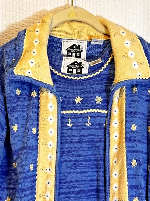 Conjunto doble cárdigan plumero suéter punto cuentos azul mujer extra pequeño casa de campo Foto 1 de 4