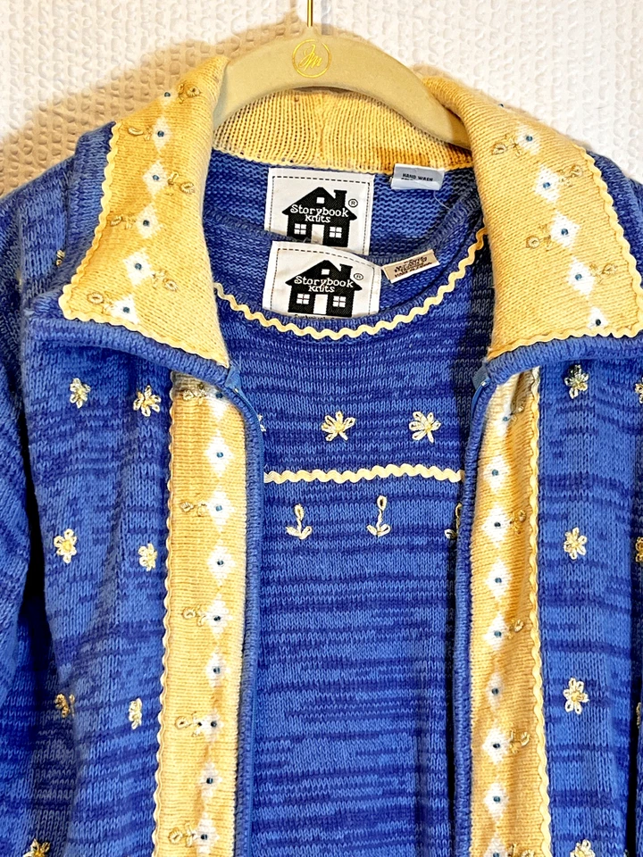 Conjunto doble cárdigan plumero suéter punto cuentos azul mujer extra pequeño casa de campo Foto 1 de 4