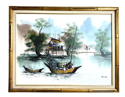复古原创帆布油画 Tang Pui of Fishing Village and Boats 出品 — 第 1/4 张图片