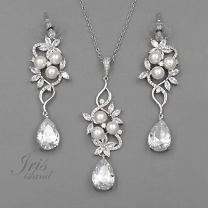 Bridal Wedding Jewelry Set White Pearl Cubic Zirconia CZ Necklace Earrings 09592 - Picture 1 of 8