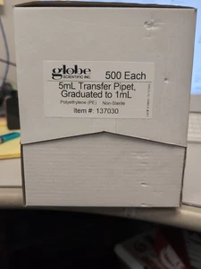  Globe Scientific Transfer Pipettes 5 mL graduated Lab Dropper 500 Piece  - Picture 1 of 3