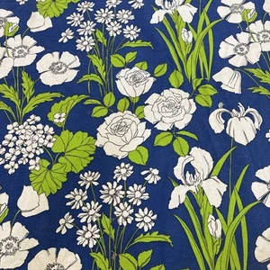 EVERFAST Bark Cloth Mid Century Modern Retro White Roses Blue Print Fabric 1 yd - Picture 1 of 7