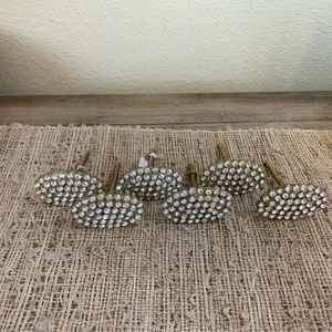 6 PC Vtg World Market Rhinestone Gold Cabinet Knobs Drawer Pulls Hand Painted - Picture 1 of 8