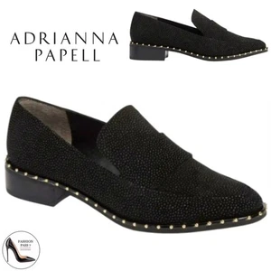 ADRIANNA PAPELL Prestyn Studded Loafers Black Sea Ray Leather block heel Shoes 8 - Picture 1 of 18