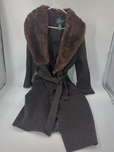 Lauren Ralph Lauren LRL Wool Belted Trench Coat 1XL Faux Fur Shawl Collar - Picture 1 of 9