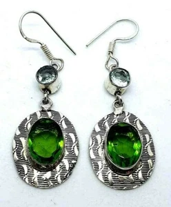 Green Peridot & Blue Topaz Drop Dangle Earrings Hook Fastening Oval Shape New - Picture 1 of 3