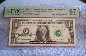 $1.00 1995 FRN CA-Block w/"Semi-Low#118 & Courtesy Autograph"~Nice PMG-67EPQ.!! - Picture 1 of 2