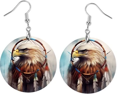 Native American Eagle Round Printed Wood  Dangle Earrings - Image 1 of 4