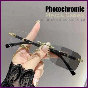 Quadratische randlose photochrome Kurzsichtigkeit Brille Herren Damen Business Anti-UV - Bild 1 von 15