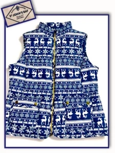 Christmas Holiday Sz L Puffer Quilted Blue White  Reindeer Snowflake VEST 028084 - Picture 1 of 4