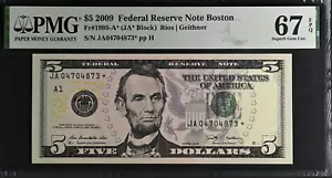 $5 2009 Star Note Federal Reserve Note Boston PPQ 67 Graded GEM Uncirculated - Picture 1 of 2