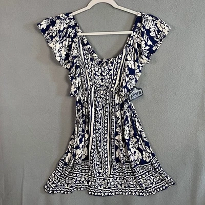 Angie Women's Tie-Back Keyhole Mini Dress Size L Floral Navy White NWT - Image 1 of 4
