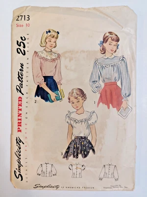 Simplicity 2713 Blouse Top Sewing Pattern Girls 10 VTG 50's Ruffle Yolk Sleeves - Image 1 of 4