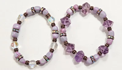 Conjunto de 2 pulseiras elásticas roxas pedra vidro strass contas de bronze art déco - Imagem 1 de 4