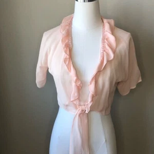 Vintage Pastel Pink Silk Chiffon Ruffle Front Tie Bolero Over Jacket M - Picture 1 of 5