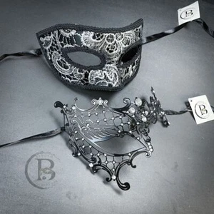 Couple's Halloween Lace Masquerade Masks Cosplay Props Roman Venetian Silver Bla - Picture 1 of 2