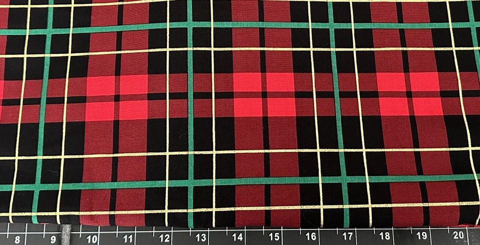Tina Scrap 9"x21" Christmas Gold Green Red Metallic Winter Plaid FABRIC COTTON - Image 1 of 1