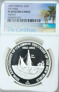 1989 TURKS & CAICOS SILVER 20 CROWNS THE NINA NGC PF 69 ULTRA CAMEO TOP POP - Picture 1 of 4