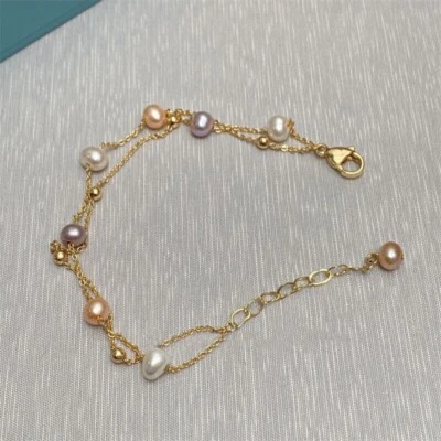 7.5-8" Exceptional Pretty AAA Multicolor Pink Natural Pearl Bracelets 14k Gold P - Image 1 of 4